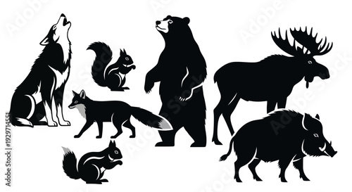 Wildlife Silhouette Collection: A striking assortment of animal silhouettes captures the essence of forest wildlife. Featuring a howling wolf, a curious squirrel, a sturdy bear, a majestic moose.