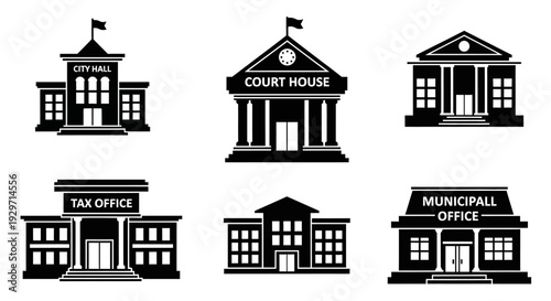 Essential Government Icons: A collection of meticulously crafted, minimalistic icons representing essential government buildings.