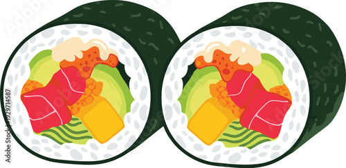 Two sushi rolls with salmon, avocado, and mango in a bright and appealing cartoon style