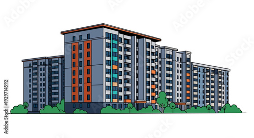 Urban Living: This captivating image showcases a modern apartment building, set against a backdrop of a clear sky, inviting you to explore the essence of urban living and architectural design.