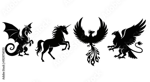 Mythical Silhouette: A collection of four captivating silhouettes of mythical creatures, including a majestic dragon, a graceful unicorn, a resplendent phoenix, and a powerful griffin.