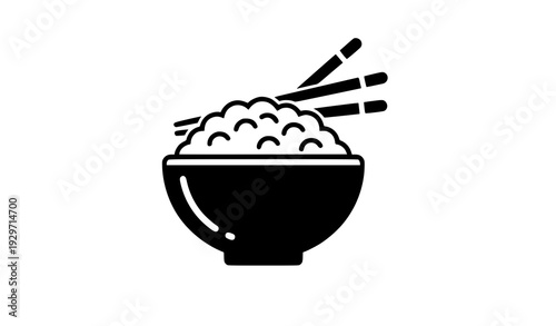 Rice Bowl with Chopsticks Icon Solid Style Food Vector Illustration