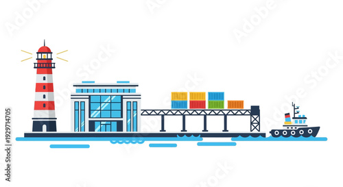 Harbor Scene Illustration: a seaside illustration showcases a vibrant harbor scene, complete with a lighthouse, cargo containers, dockside buildings, and a tugboat.