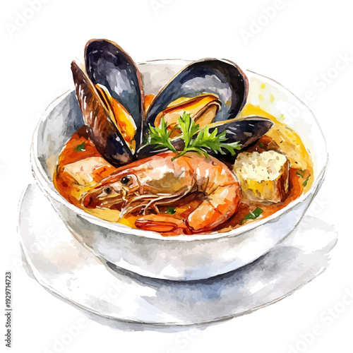 Bouillabaisse, watercolor artwork with bold brush accents and dynamic composition, isolated on a white background.
