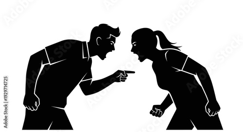 Confrontation Silhouette: A stark black and white depiction of a heated disagreement between two figures, embodying the raw emotion of conflict and tension.
