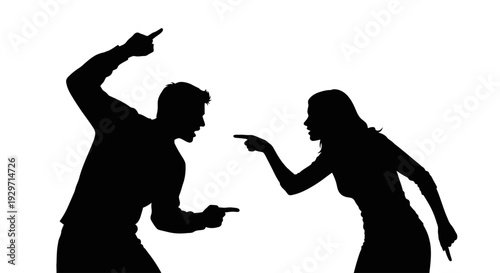 Conflict Silhouette: The silhouette of a man and a woman in an intense argument, with finger-pointing and accusatory gestures, highlighting a moment of discord.