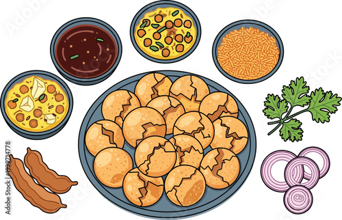 Indian street food pani puri set with spicy water chickpeas tamarind and onions on transparent background