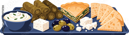 Mediterranean appetizer platter with dolma spanakopita feta cheese olives and pita bread on blue tray
