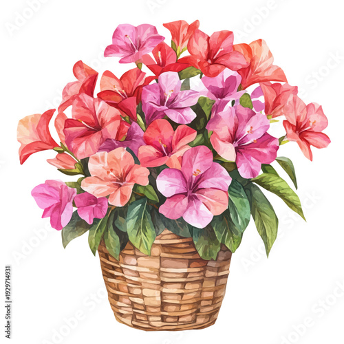 Bougainvillea Bouquet In A Basket, watercolor vector portraying a joyful pose with colorful highlights, isolated on a white background.