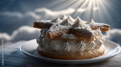 Delicate baked dessert layered with white cream topping sits on a plate against a dramatic sky background