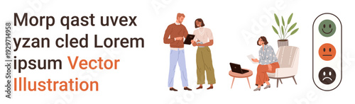 Teamwork, collaboration, communication, feedback, productivity, emotion tracking. Two people reviewing documents, another working on a laptop. Teamwork and feedback with emotion icons