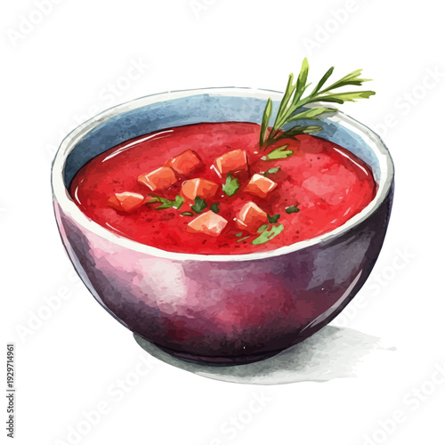 Borscht, watercolor illustration featuring playful movement and lively expressions, isolated on a white background.