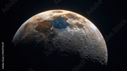 Illuminated celestial sphere detail shows contrasting surface features against dark expanse