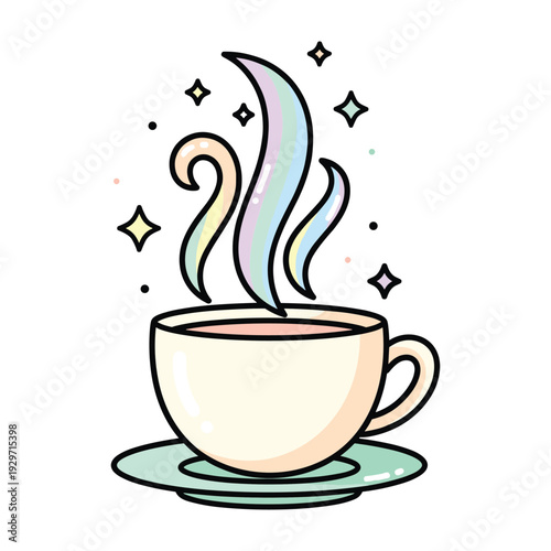 Colorful steam rising from a white coffee cup on a green saucer with star sparkles