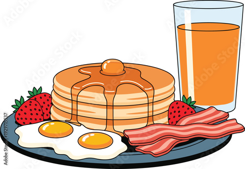 American breakfast plate with stack of pancakes maple syrup butter fried eggs bacon strawberries and juice