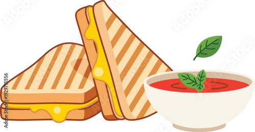 Grilled cheese sandwich triangles served with hot tomato soup and fresh basil leaves for cozy lunch dinner