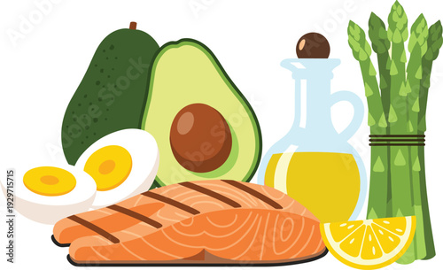 Healthy food ingredients for keto diet salmon avocado eggs olive oil asparagus lemon slice