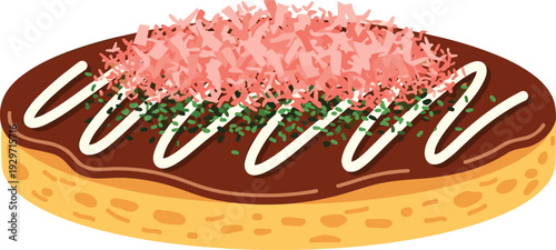 Okonomiyaki japanese savory pancake with bonito flakes seaweed and sauce on plate