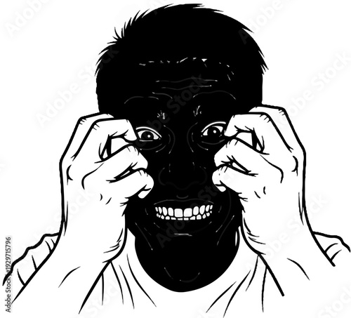 Person's face obscured by darkness, hands grasping skin near eyes