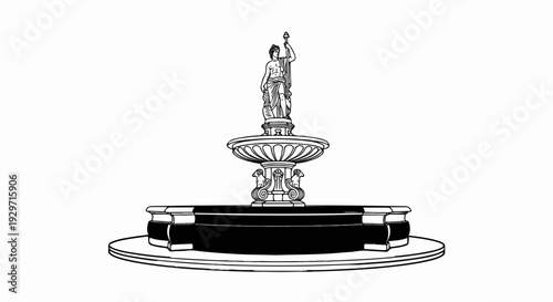 An ornate, classical fountain with a figure holding a spear atop its tiered structure