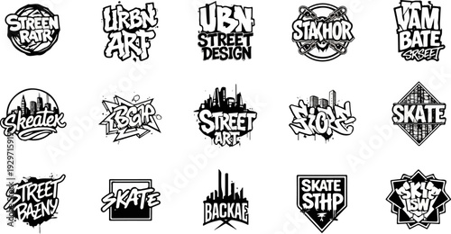Collection of diverse black and white graffiti-style logos featuring urban scenes and bold typography