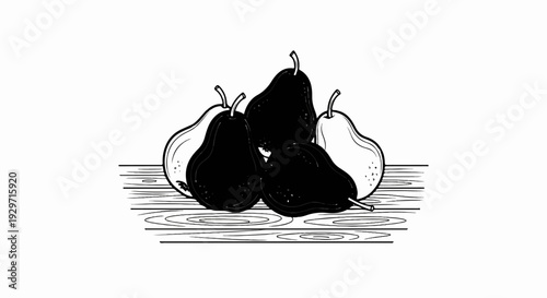 Black and white illustration of five pears on a wooden surface
