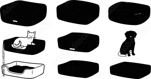 Various pet beds and animals, a cat and dog are depicted