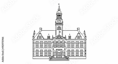 Ornate facade of a historic building with a prominent clock tower, detailed windows, and a grand entrance