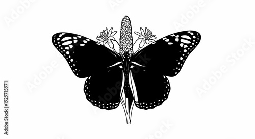 Striking black butterfly with white spots perches atop a textured flower