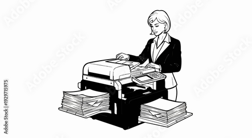 Professional woman uses a multifunction printer with stacks of paper