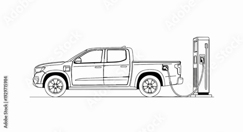A line drawing shows an electric pickup truck being charged at a charging station