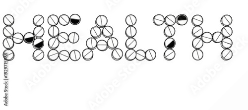 Word "HEALTH" spelled out with multiple round pills and tablets on a white background
