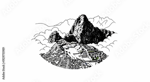 Ancient stone ruins perch amidst misty mountains and clouds