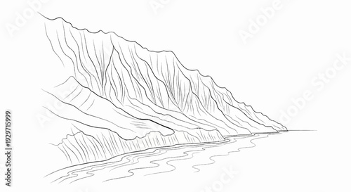 A minimalist sketch depicts a rugged coastline with towering, textured cliffs meeting a serene body of water