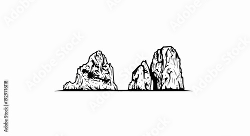 Stylized sketch of two distinct rock formations on a white background
