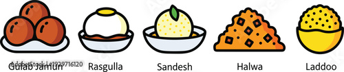 A collection of popular indian sweets including gulab jamun, rasgulla, sandesh, halwa, and laddoo