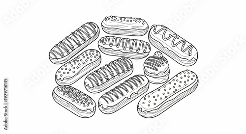A variety of illustrated eclairs are artfully arranged in a scattered pattern