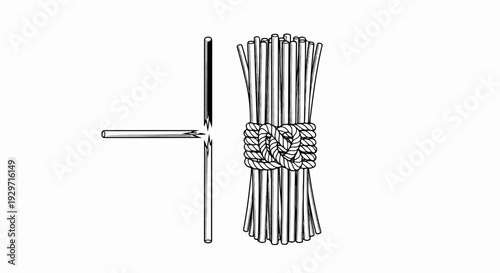 A bundle of sticks tied with rope and two broken sticks laying crosswise