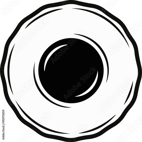 Stylized black and white illustration of a fried egg with a runny yolk