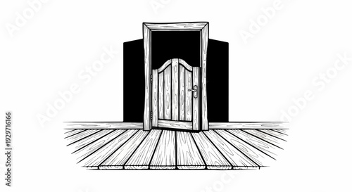 Rustic saloon doors, partially open, cast a shadow on a wooden floor