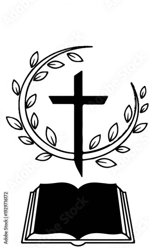Stylized cross entwined with leaves above an open book