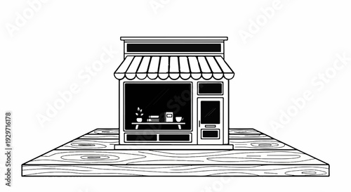 A charming storefront with a striped awning, a display window showcasing books and a plant