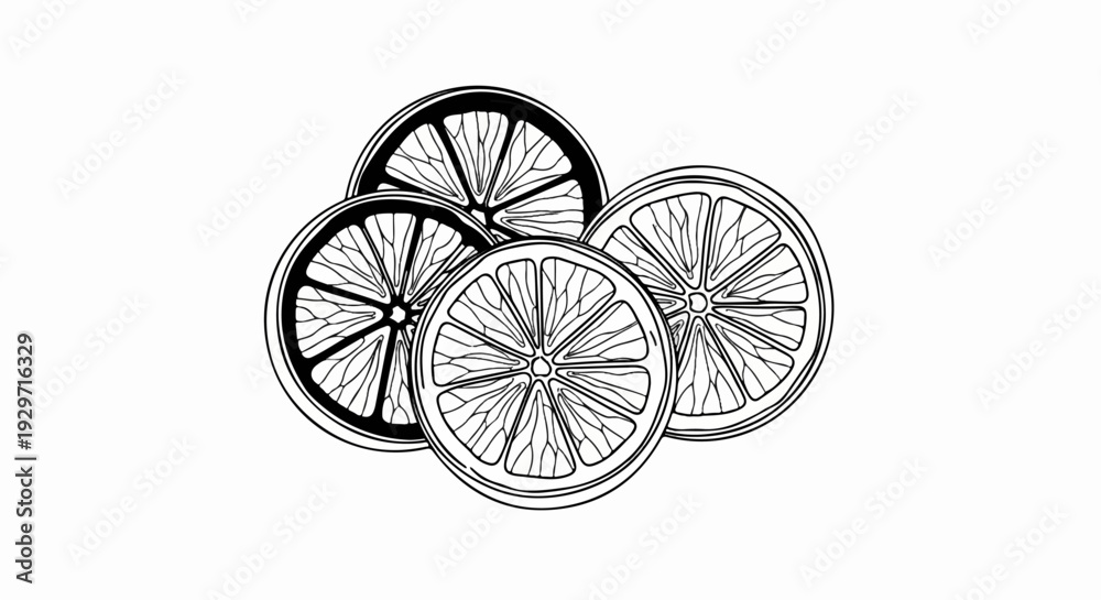 Fototapeta premium Black and white illustration of four citrus fruit slices overlapping each other