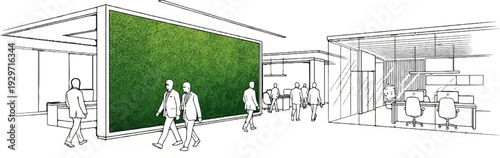 Sketch of people walking through a modern office with a vibrant green living wall