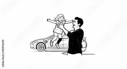 Father lifts happy child in air beside electric car being charged