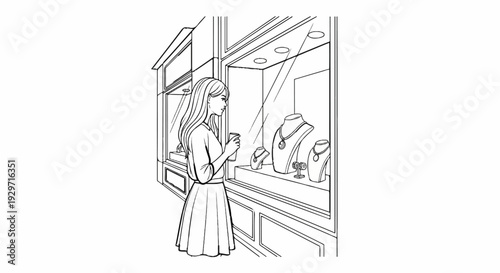 Woman in a skirt gazes at jewelry displayed in a store window