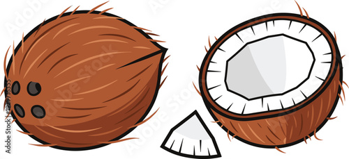 Whole brown coconut with cracked half and small piece isolated on checkered transparent background vector art