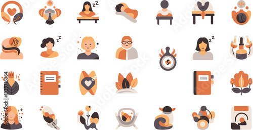 Spa Wellness and Relaxation Icon Set with Massage Meditation Therapy Beauty Flat Vector Illustration Collection
