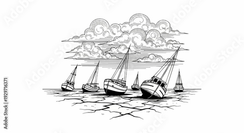Sailboats struggle on cracked earth under stormy skies, creating a dramatic scene