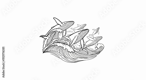 Whales breach and leap through stylized waves, a monochrome sketch